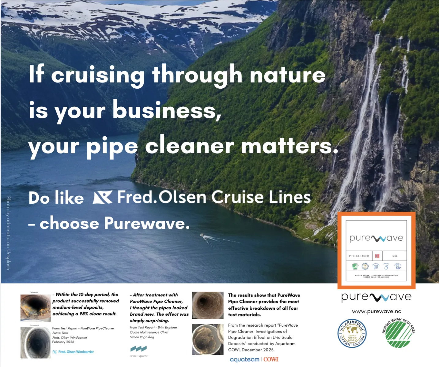  Bilde relevant til 'Purewave — Norsk cleantech for maritim sektor | Dokumentert 97–100% effekt'.